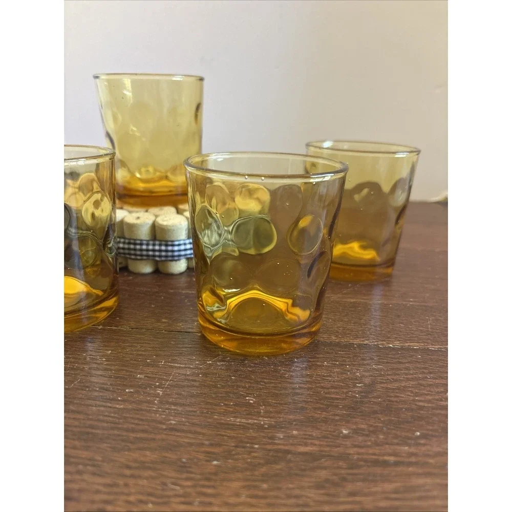 Set‎ of  4 - Vintage Hazel Atlas Eldorado Amber Coin Dot Glasses 6 OZ - 3.5 in